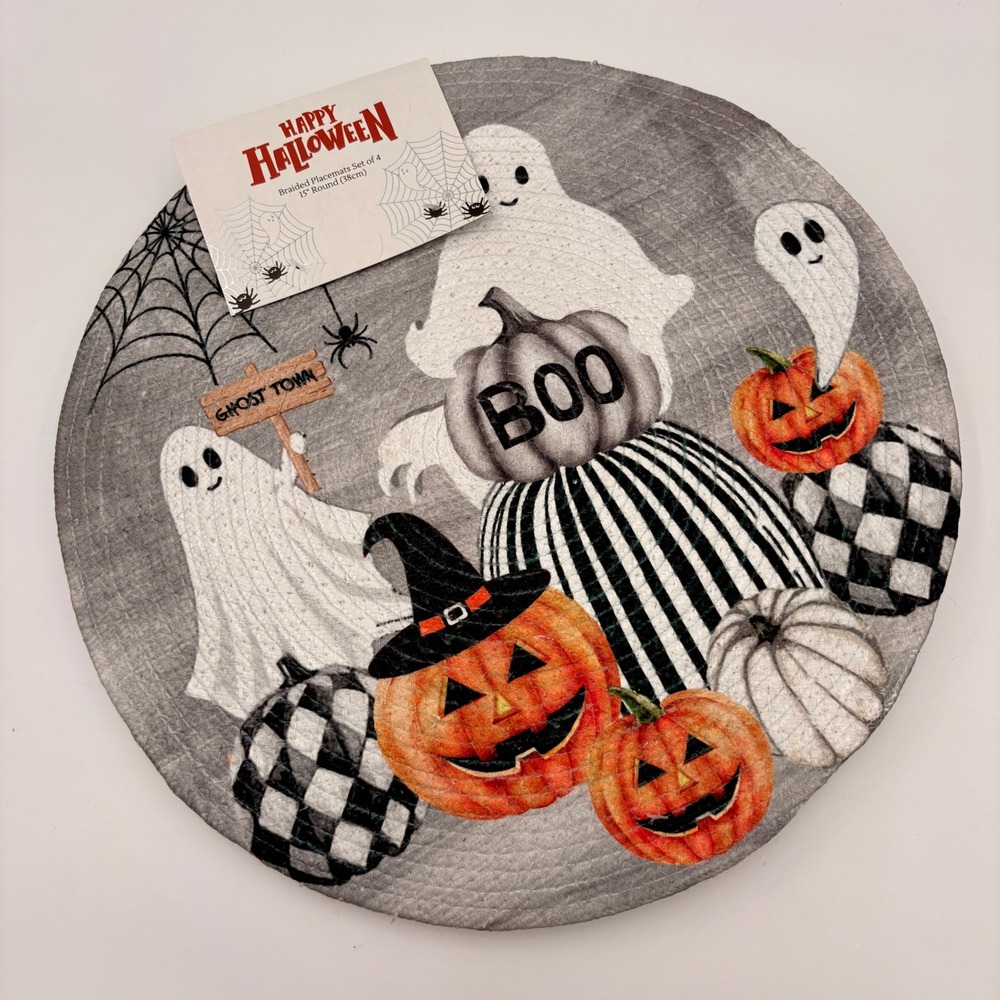 Happy Halloween Braided Placemats Set of 4 15 Inch Round Ghost Pumpkin Grey